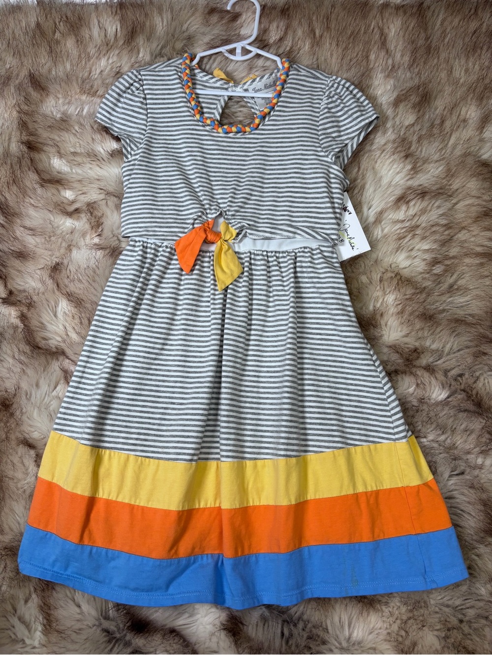 Jona Michelle Gray Striped Dress with Yellow, Orange & Blue Trim